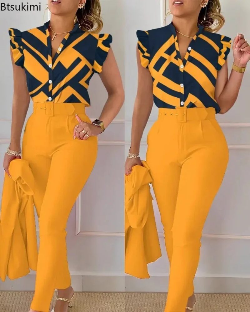 New 2025 Women's Summer Casual Sets 2PCS Printed Lotus Leaf Sleeve Top and Pants Set with Belt Female Suit Sets Outfits Workwear - Image 6