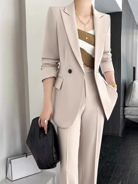 Office Ladies Formal Business Trousers Suit Women Elegant Casual Blazer Jackets Straight Pants Two Pieces Set Female Clothes New