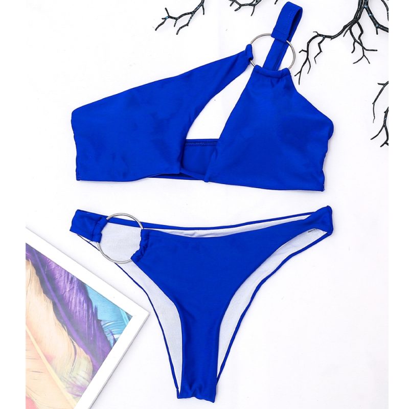 Vigoashely Blue One Shoulder Swimwear Women Sexy High Cut Hollow Bikini Set 2025 Ring Push Up Swimsuit Summer Beach Bathing Suit - Image 3