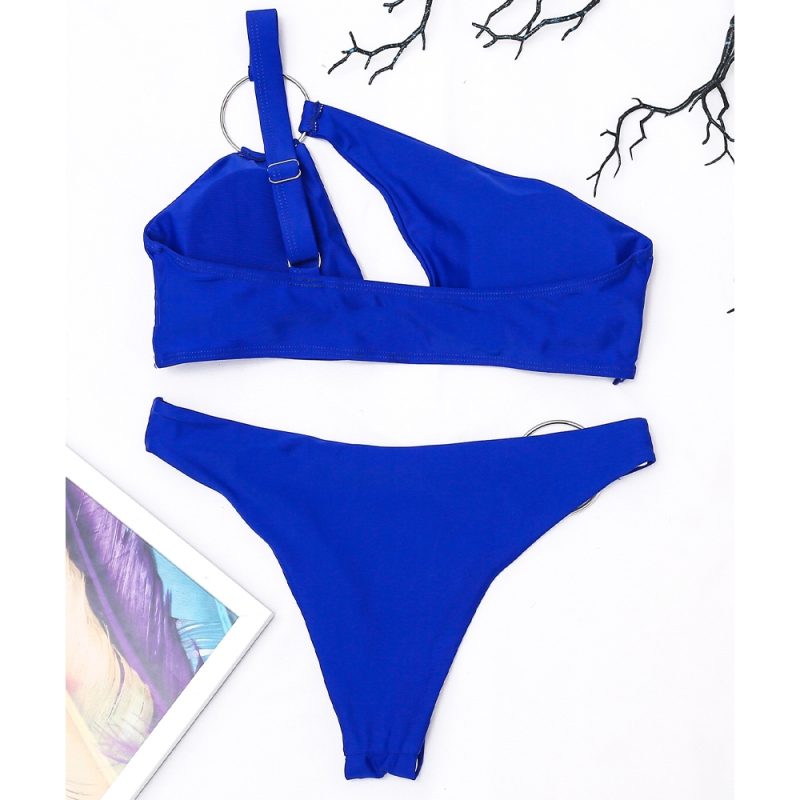 Vigoashely Blue One Shoulder Swimwear Women Sexy High Cut Hollow Bikini Set 2025 Ring Push Up Swimsuit Summer Beach Bathing Suit - Image 4