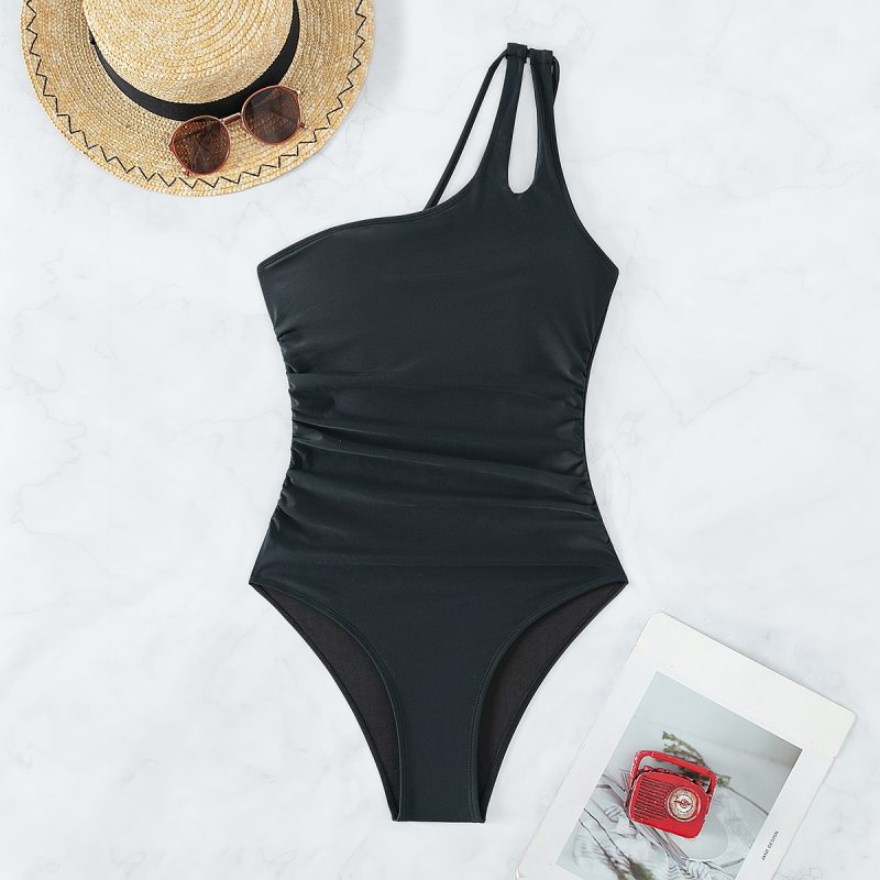 One Pieces Bikini Suit Strip Tie One Shoulder Beach Set Solider Color Swimming Wear Female Sexy Swimwear