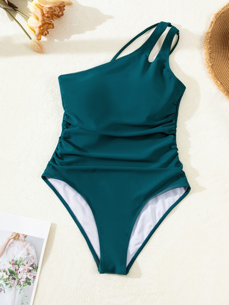 One Pieces Bikini Suit Strip Tie One Shoulder Beach Set Solider Color Swimming Wear Female Sexy Swimwear - Image 2
