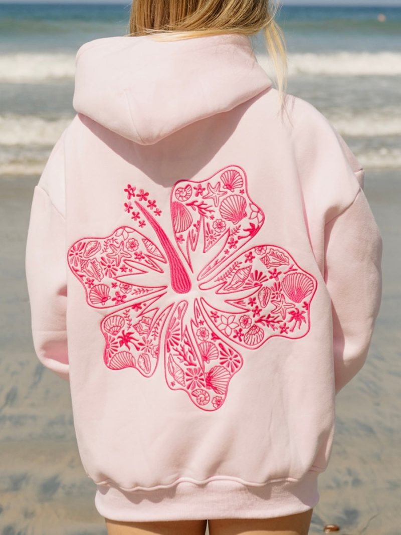 Preppy Embroidery Hibiscus Print Hoodies for Teen Girls Women Long Sleeve Oversized Graphic Pullover Sweatshirt Top Y2K Cute - Image 2