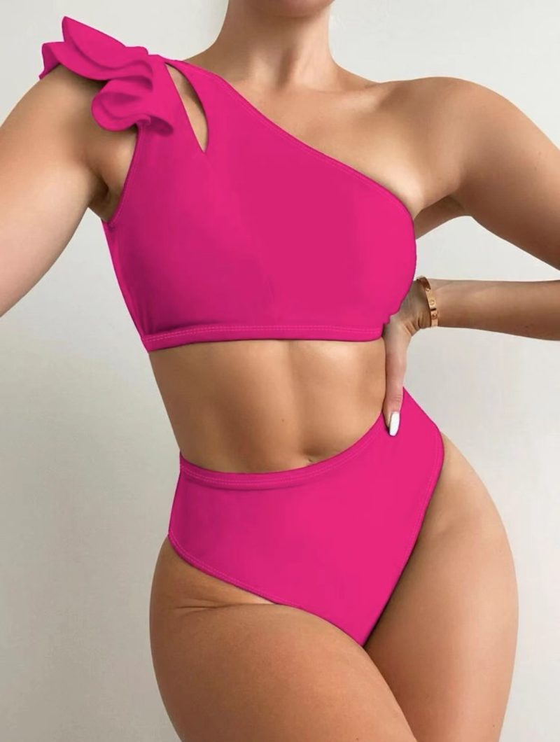 2024 Amazon Hot selling Solid Color Sexy Split High Waist One Shoulder Flying Edge Women's Bikini Swimsuit