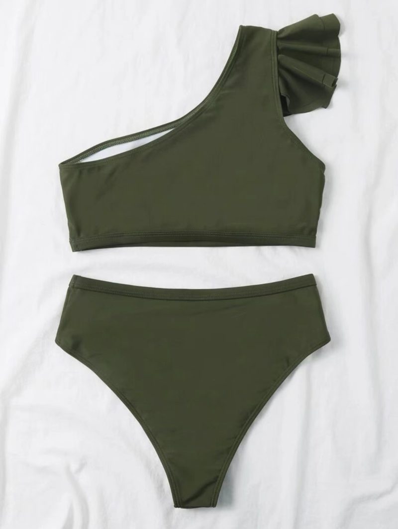 2024 Amazon Hot selling Solid Color Sexy Split High Waist One Shoulder Flying Edge Women's Bikini Swimsuit - Image 2
