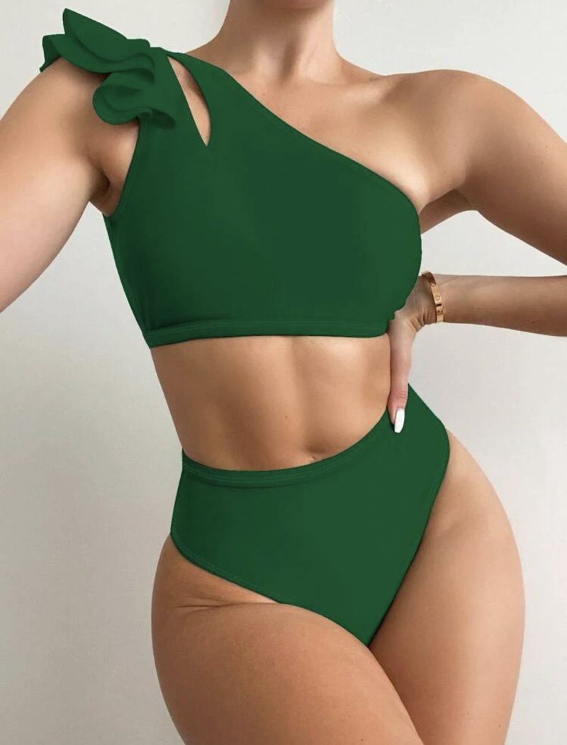 2024 Amazon Hot selling Solid Color Sexy Split High Waist One Shoulder Flying Edge Women's Bikini Swimsuit - Image 4