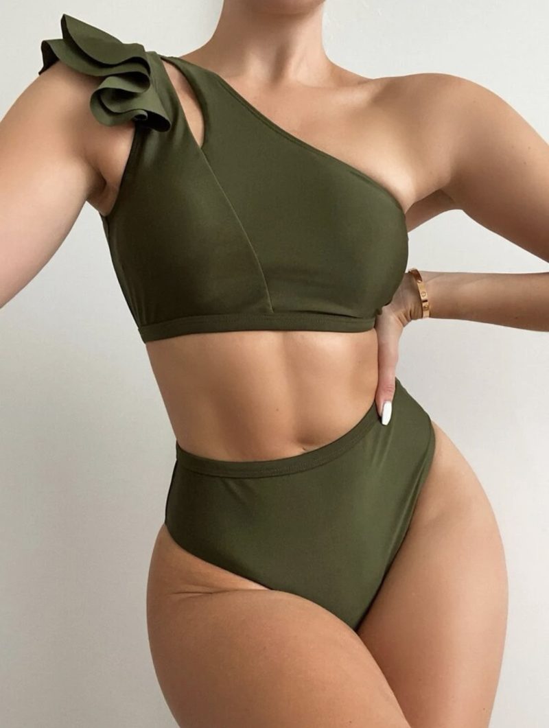 2024 Amazon Hot selling Solid Color Sexy Split High Waist One Shoulder Flying Edge Women's Bikini Swimsuit - Image 6