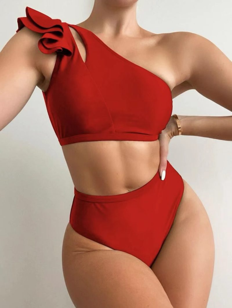 2024 Amazon Hot selling Solid Color Sexy Split High Waist One Shoulder Flying Edge Women's Bikini Swimsuit - Image 7