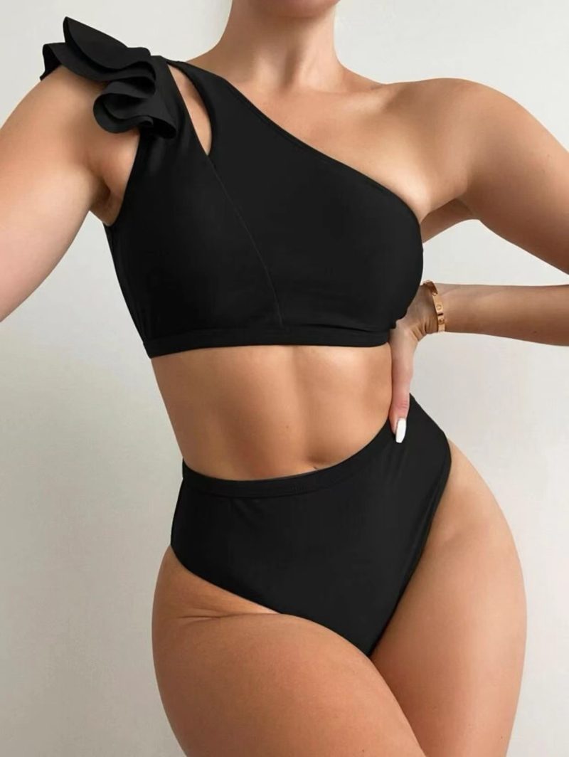 2024 Amazon Hot selling Solid Color Sexy Split High Waist One Shoulder Flying Edge Women's Bikini Swimsuit - Image 8