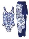 Women One Piece Swimsuit Skirt Blue Holiday Beachwear Vintage Swimwear Female Retro Designer Bathing Suit Surf Wear Summer