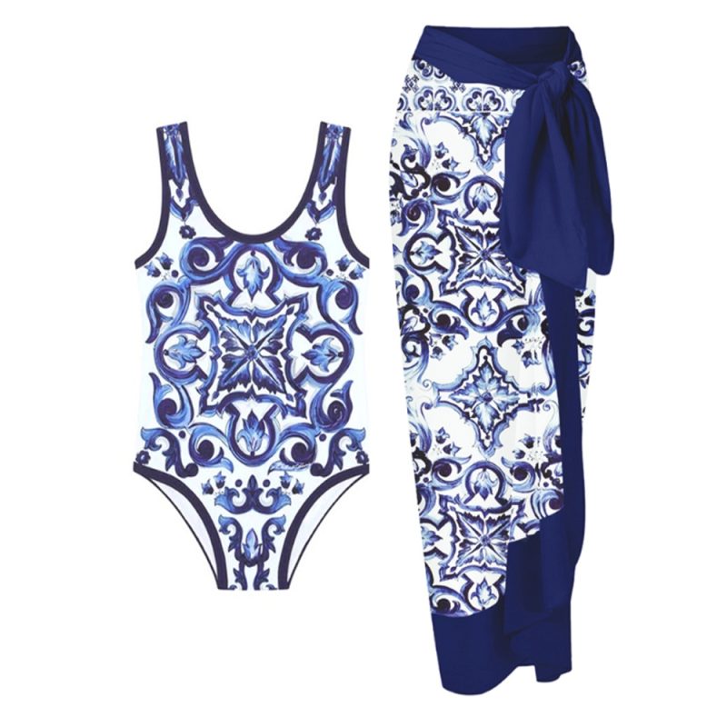Women One Piece Swimsuit Skirt Blue Holiday Beachwear Vintage Swimwear Female Retro Designer Bathing Suit Surf Wear Summer