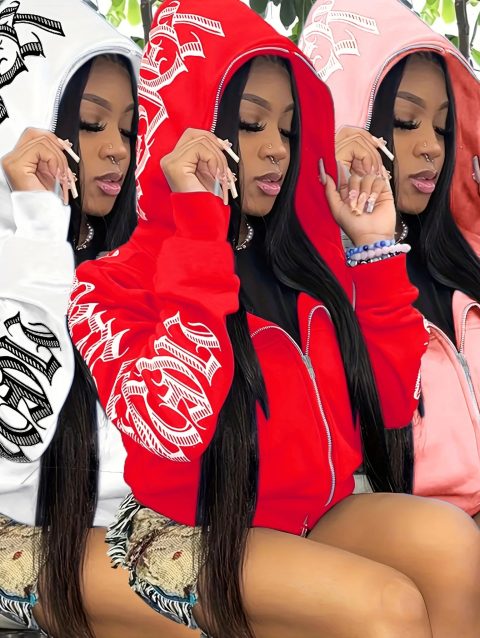 Letter Print Long Sleeve Zip Up Hoodies, Cyber Y2K Gothic Punk Sweatshirt, Women's Clothing