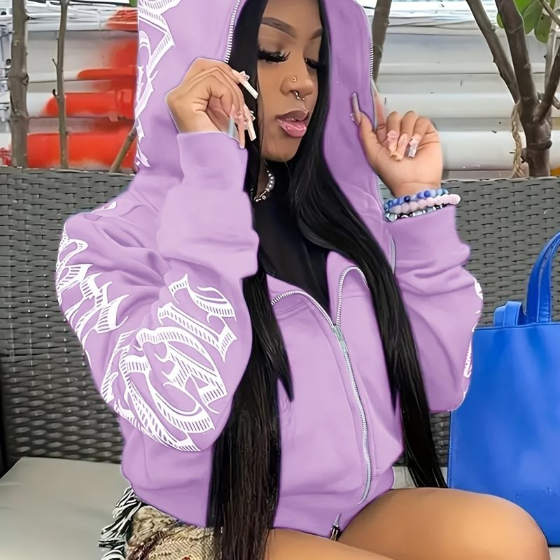 Letter Print Long Sleeve Zip Up Hoodies, Cyber Y2K Gothic Punk Sweatshirt, Women's Clothing - Image 18