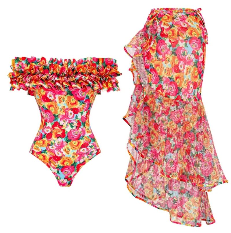 2024 High Quality One Piece Swimsuit Floral Ruffle Printed Push Up Women Bikini Set Swimwear Slimming Bathing Suit Beach Wear