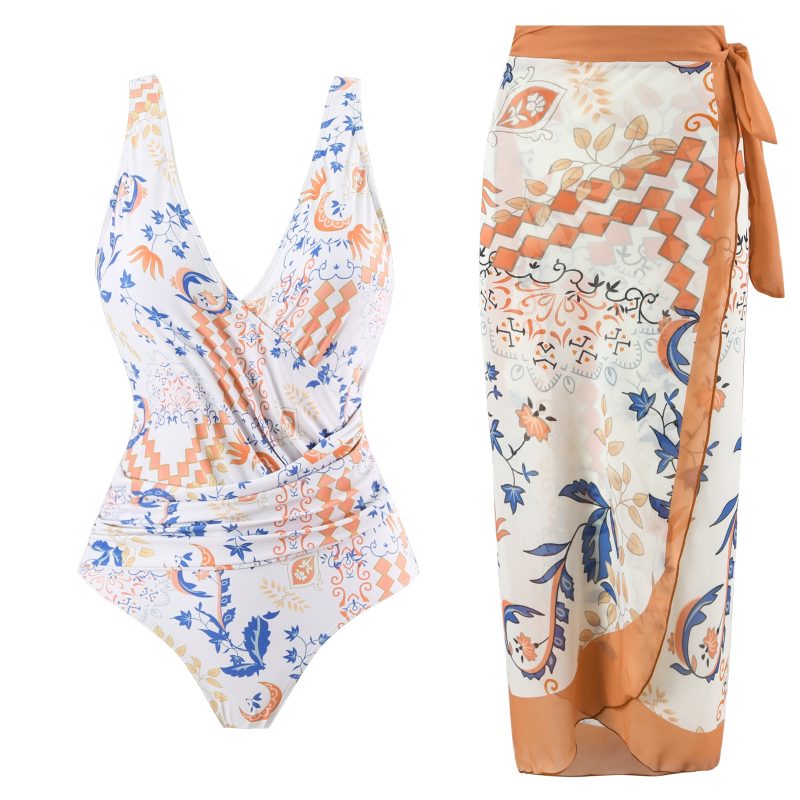 Women vintage style one piece swimsuit for big breasts Monokini plus size tummy control bathing suit luxury swimwear with skirt - Image 3