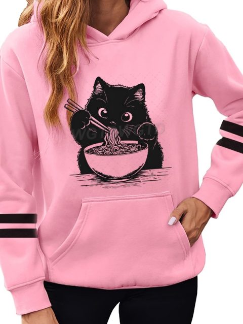 Cat Eating Ramen Funny Hoodies Cartoon Cute Cat Lover Gift Womens Pink Sportwear Hoodies Japanese Noodle Cat Vintage Hoodies