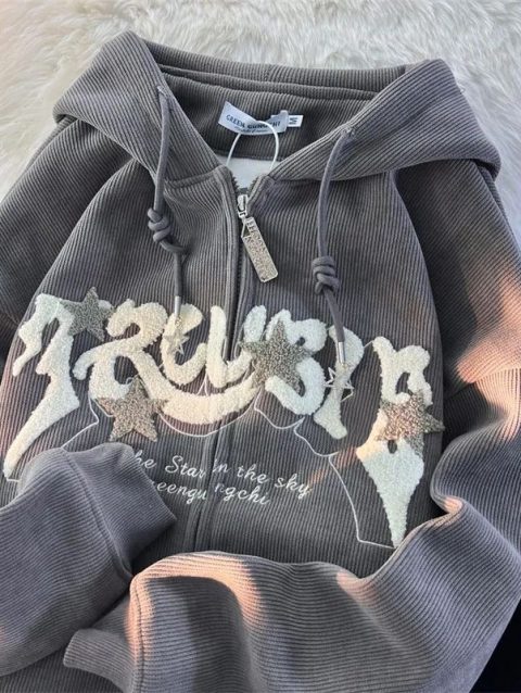 Fashion Embroidery Zip Up Hoodies Women Autumn Long Sleeve Tops Loose Hood Shirt Harajuku Y2K Clothes Female Sweatshirt Jacket