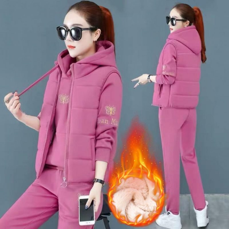 2024 Autumn Winter New Women's Casual Sweat Suit Fashion Plush Thickened Hooded Tops Waistcoat Pants 3 Three Piece Set For Women