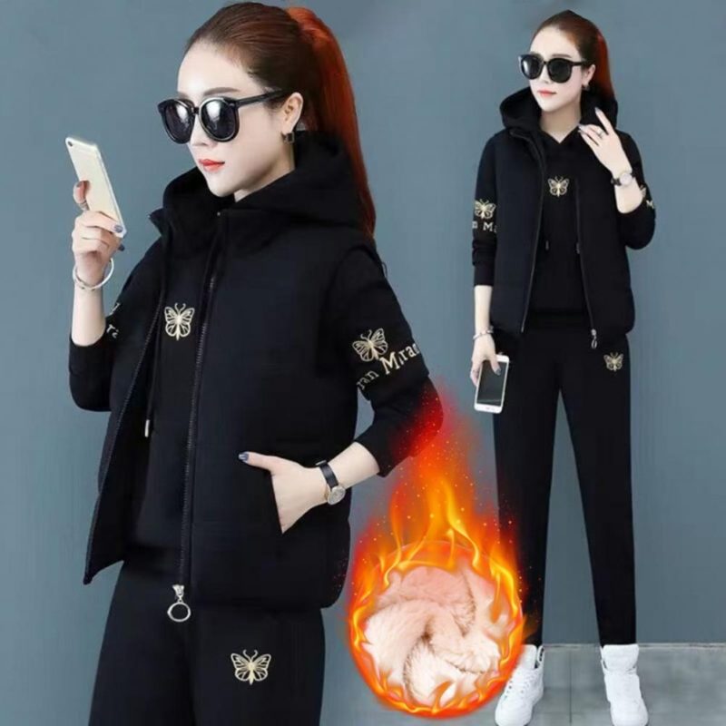 2024 Autumn Winter New Women's Casual Sweat Suit Fashion Plush Thickened Hooded Tops Waistcoat Pants 3 Three Piece Set For Women - Image 2