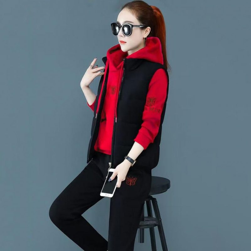 2024 Autumn Winter New Women's Casual Sweat Suit Fashion Plush Thickened Hooded Tops Waistcoat Pants 3 Three Piece Set For Women - Image 3