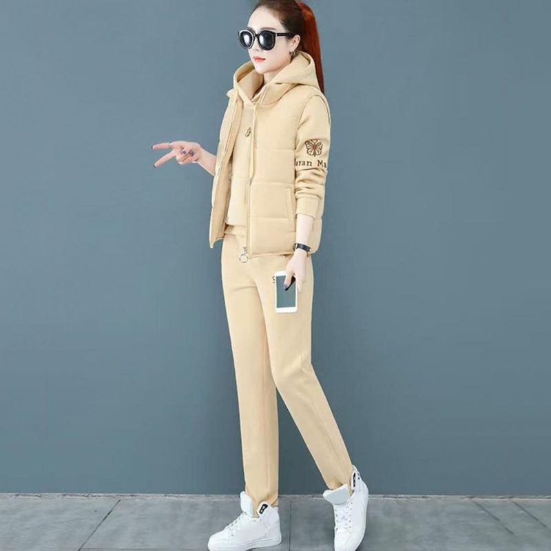 2024 Autumn Winter New Women's Casual Sweat Suit Fashion Plush Thickened Hooded Tops Waistcoat Pants 3 Three Piece Set For Women - Image 4
