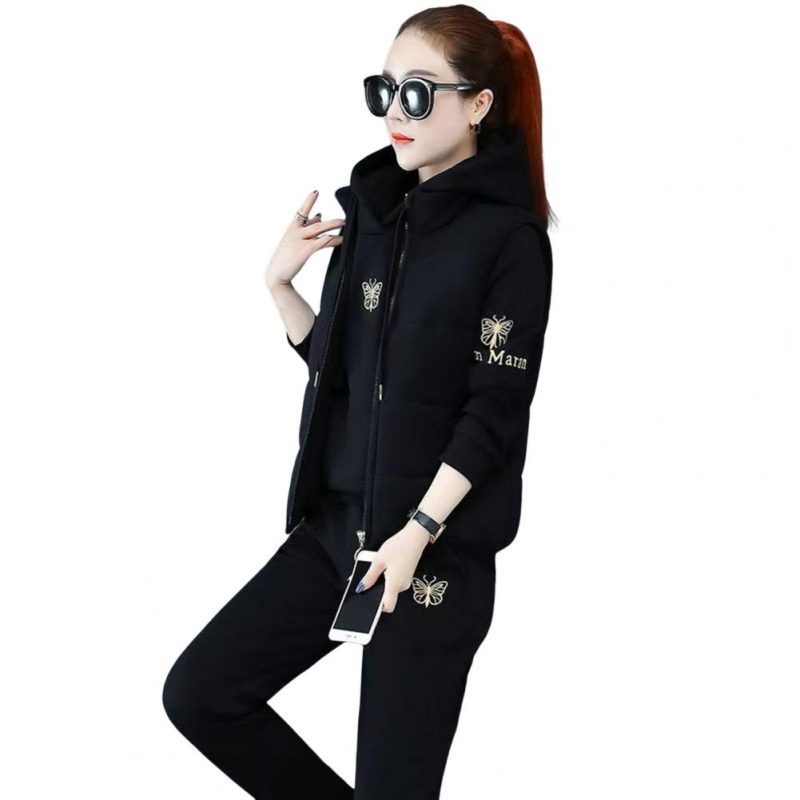 2024 Autumn Winter New Women's Casual Sweat Suit Fashion Plush Thickened Hooded Tops Waistcoat Pants 3 Three Piece Set For Women - Image 7
