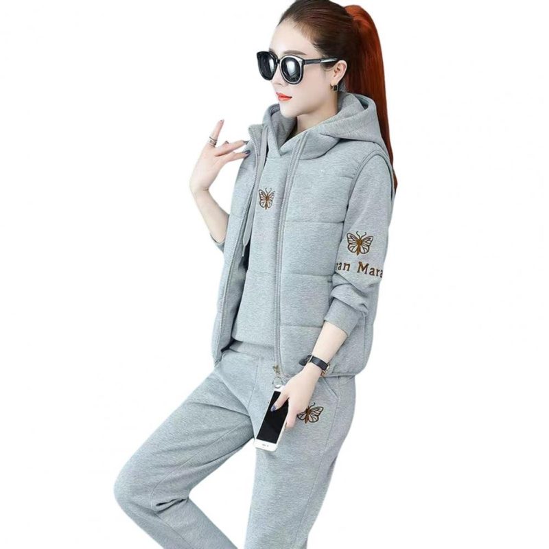 2024 Autumn Winter New Women's Casual Sweat Suit Fashion Plush Thickened Hooded Tops Waistcoat Pants 3 Three Piece Set For Women - Image 8