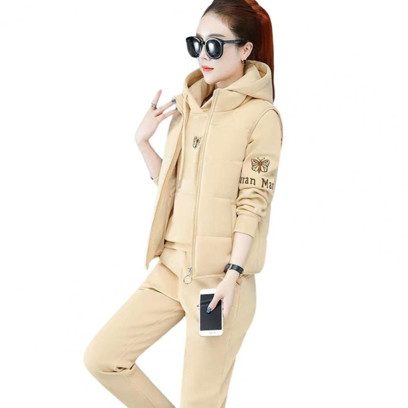 2024 Autumn Winter New Women's Casual Sweat Suit Fashion Plush Thickened Hooded Tops Waistcoat Pants 3 Three Piece Set For Women - Image 9