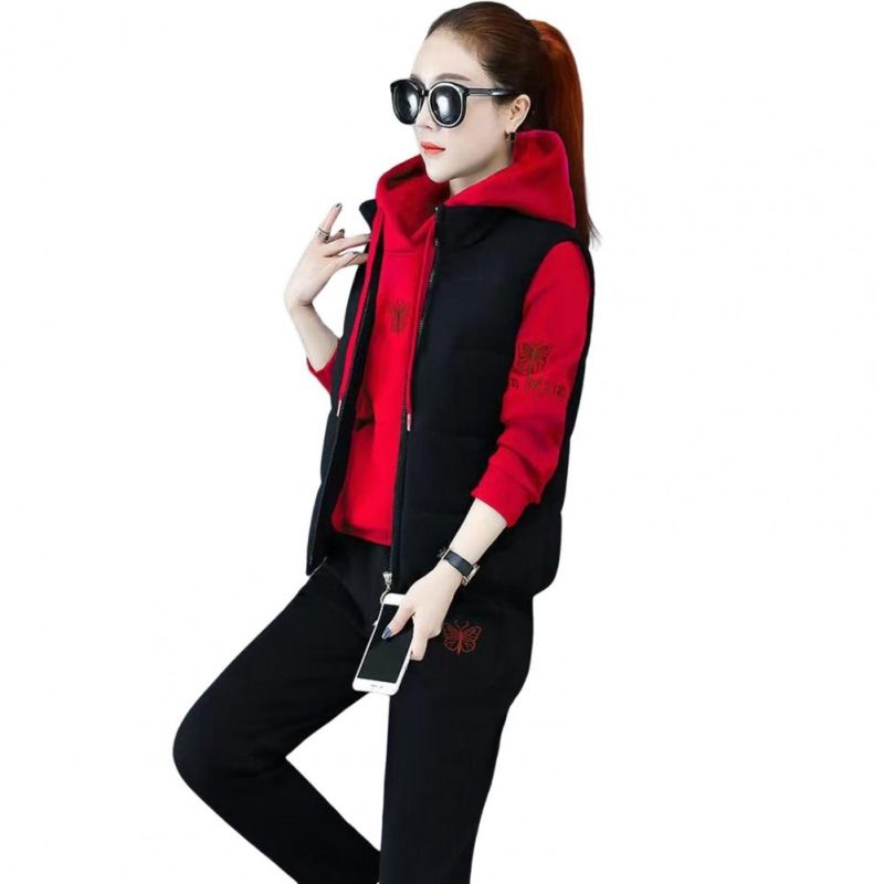 2024 Autumn Winter New Women's Casual Sweat Suit Fashion Plush Thickened Hooded Tops Waistcoat Pants 3 Three Piece Set For Women - Image 10
