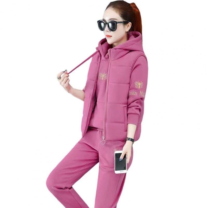 2024 Autumn Winter New Women's Casual Sweat Suit Fashion Plush Thickened Hooded Tops Waistcoat Pants 3 Three Piece Set For Women - Image 11