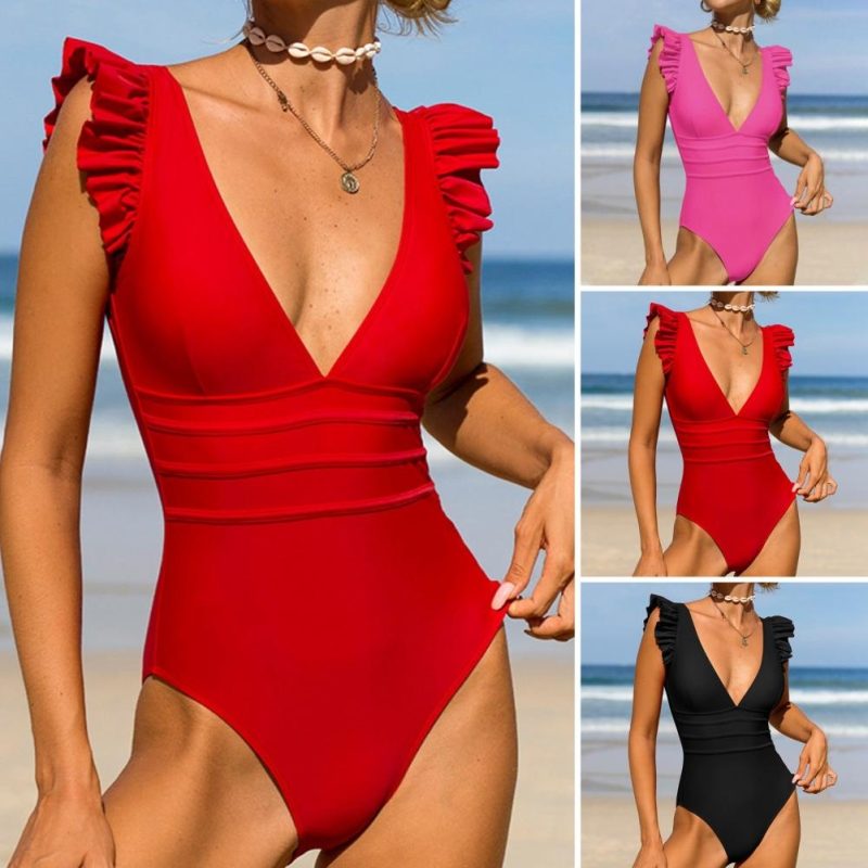 Womens One Piece Rashguard Surfing Sport Swimsuit Ruffle Sleeve Swimwear Bodysuit - Image 3