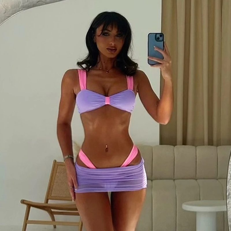3 Pieces Bikini Set Wiht Mini Skirt Women Swimwear 2024 Sexy Bikinis Push Up Beachwear Solid Bodysuit Micro Thong Biquini Female - Image 4