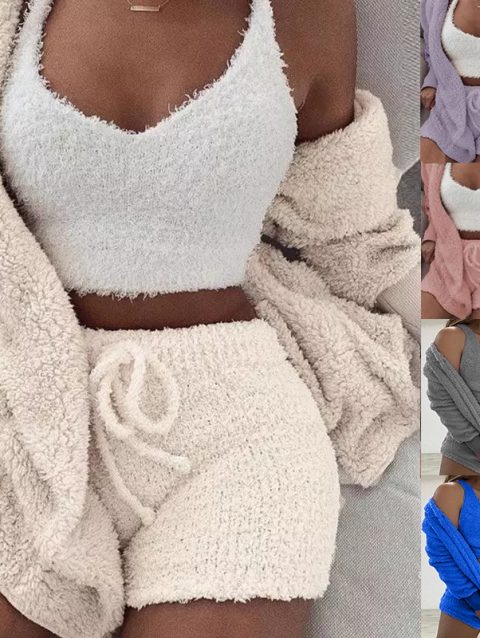 Three Piece Sexy Fluffy Outfits Plush Velvet Hooded Cardigan Coat+Shorts+Crop Top Women Tracksuit Sets Casual Sports Sweatshirts
