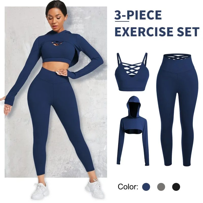 Ensemble Female 3 Pieces Yoga Set Gym Workout Clothes for Women Sport Long Sleeve Hoodie Sweater Active Wear Sport Set Tracksuit - Image 2