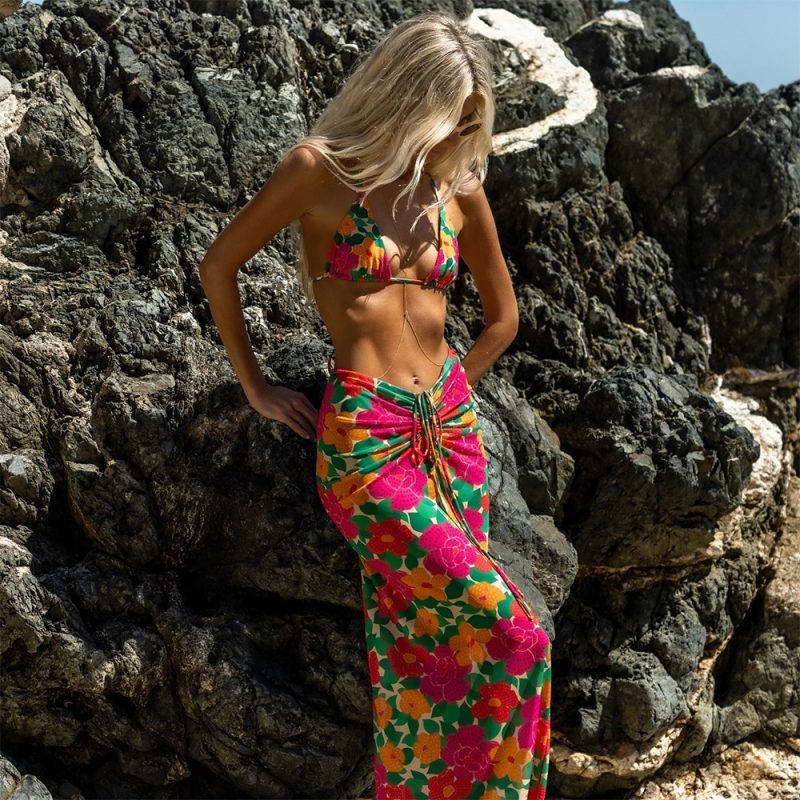 Print 3 Pieces Micro Bikini 2024 Sexy Women Swimsuit Female Swimwear Bikini Set With Long Skirt Swimming Suit Beachwear Biquini