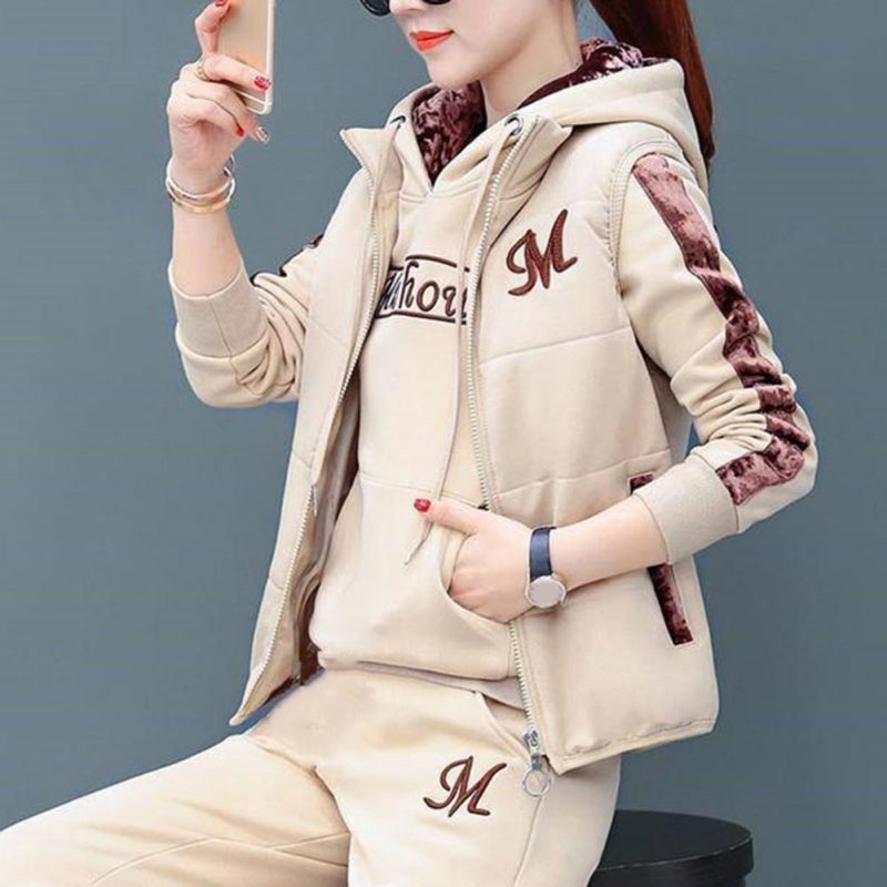 Fashion Warm Three Piece Set Women Outfit 2022 Fall Winter Thicken Tracksuit Casual Waistcoat + Hoodies + Pant Female Sweat Suit - Image 5