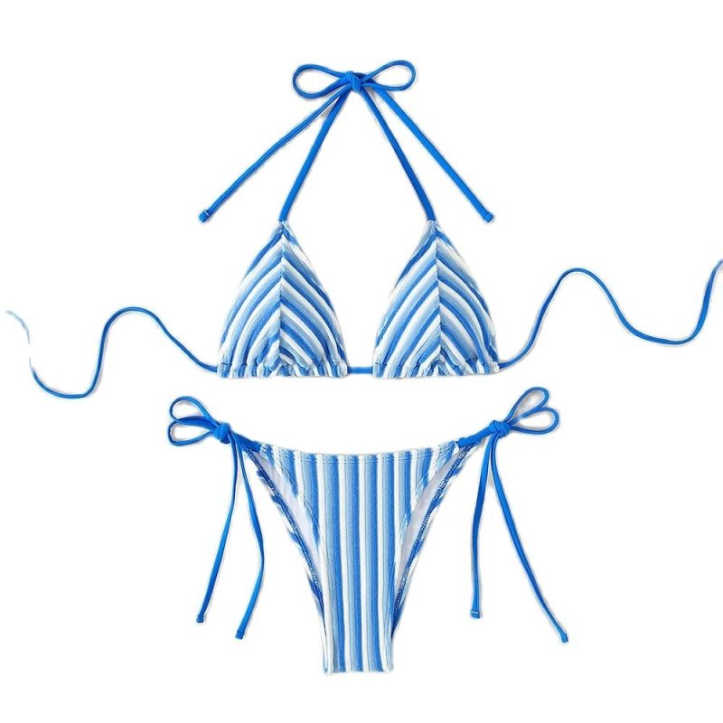 9 Colors New Towel Cloth Halter Neck Tie Up Striped Bikini Swimsuit For Women Summer Beach Vacation Low Waisted Swimwear 2025