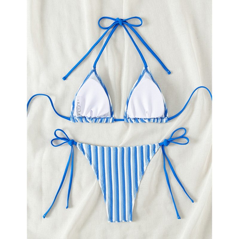 9 Colors New Towel Cloth Halter Neck Tie Up Striped Bikini Swimsuit For Women Summer Beach Vacation Low Waisted Swimwear 2025 - Image 4