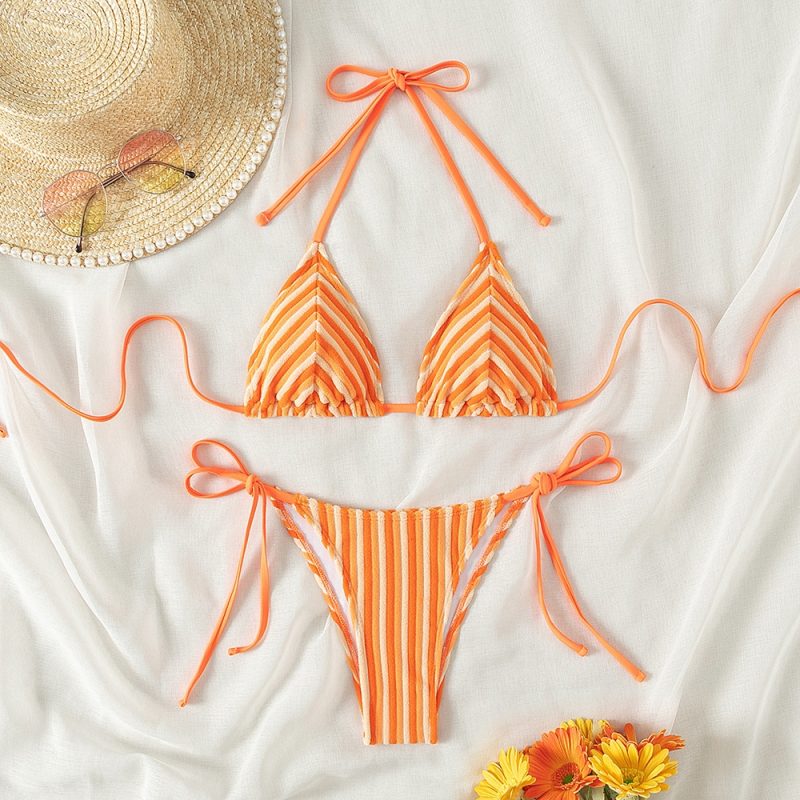9 Colors New Towel Cloth Halter Neck Tie Up Striped Bikini Swimsuit For Women Summer Beach Vacation Low Waisted Swimwear 2025 - Image 5