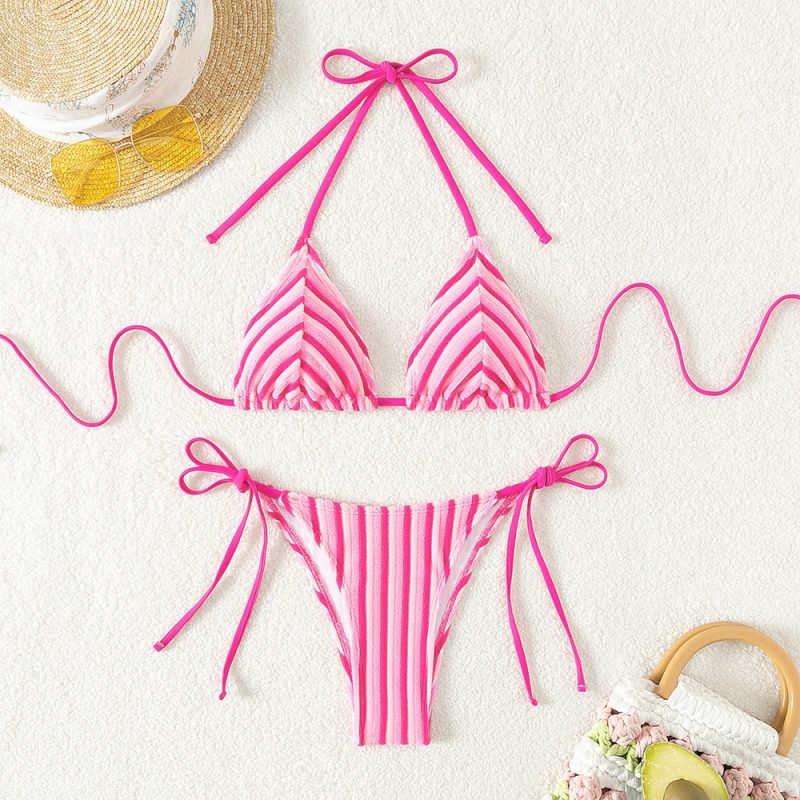 9 Colors New Towel Cloth Halter Neck Tie Up Striped Bikini Swimsuit For Women Summer Beach Vacation Low Waisted Swimwear 2025 - Image 7
