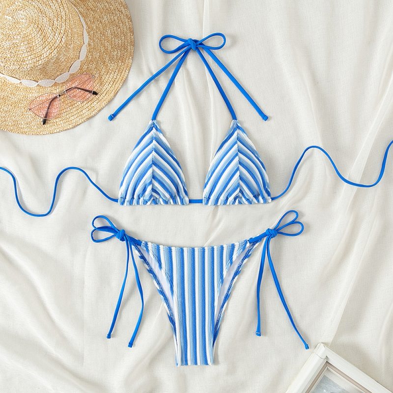 9 Colors New Towel Cloth Halter Neck Tie Up Striped Bikini Swimsuit For Women Summer Beach Vacation Low Waisted Swimwear 2025 - Image 8