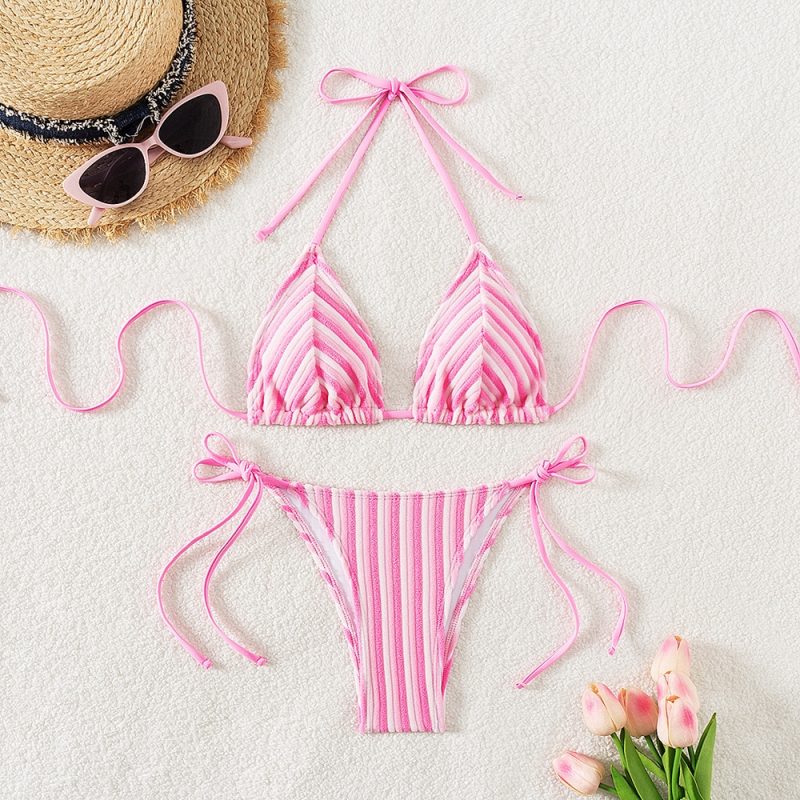9 Colors New Towel Cloth Halter Neck Tie Up Striped Bikini Swimsuit For Women Summer Beach Vacation Low Waisted Swimwear 2025 - Image 9