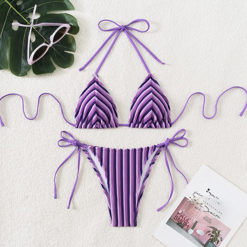 9 Colors New Towel Cloth Halter Neck Tie Up Striped Bikini Swimsuit For Women Summer Beach Vacation Low Waisted Swimwear 2025 - Image 10