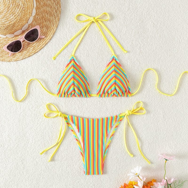 9 Colors New Towel Cloth Halter Neck Tie Up Striped Bikini Swimsuit For Women Summer Beach Vacation Low Waisted Swimwear 2025 - Image 11