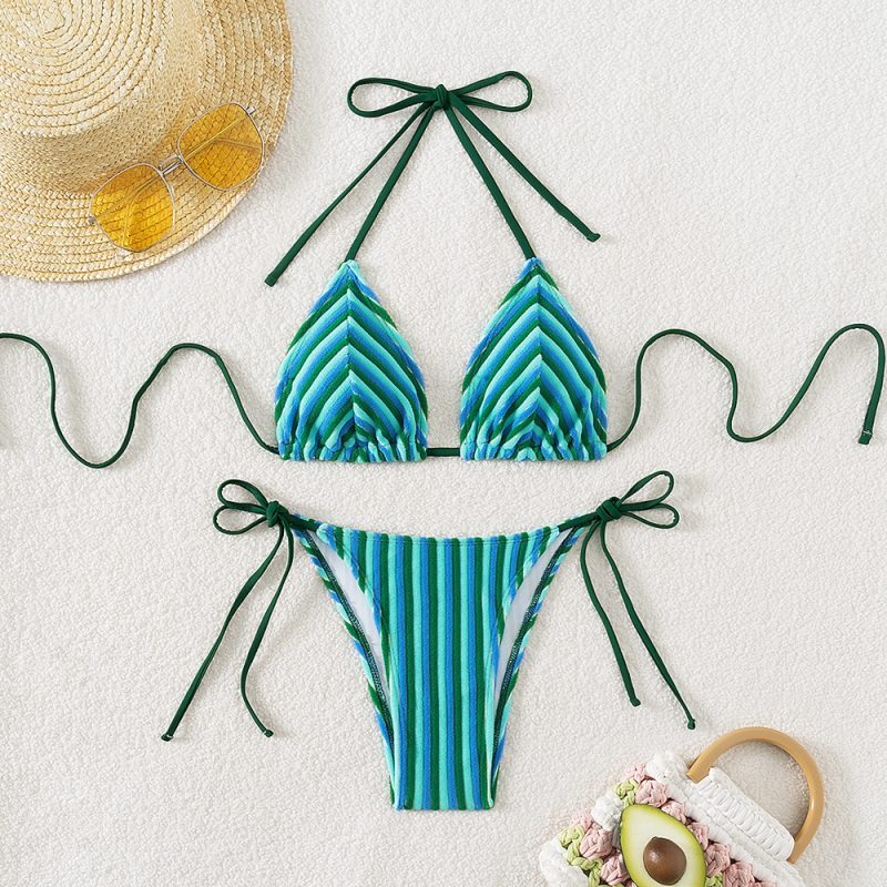 9 Colors New Towel Cloth Halter Neck Tie Up Striped Bikini Swimsuit For Women Summer Beach Vacation Low Waisted Swimwear 2025 - Image 12