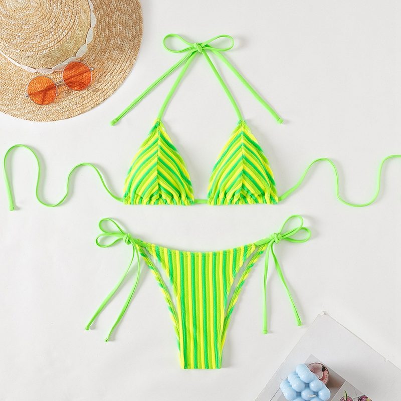 9 Colors New Towel Cloth Halter Neck Tie Up Striped Bikini Swimsuit For Women Summer Beach Vacation Low Waisted Swimwear 2025 - Image 13