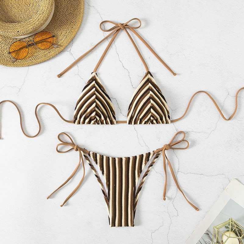 9 Colors New Towel Cloth Halter Neck Tie Up Striped Bikini Swimsuit For Women Summer Beach Vacation Low Waisted Swimwear 2025 - Image 14