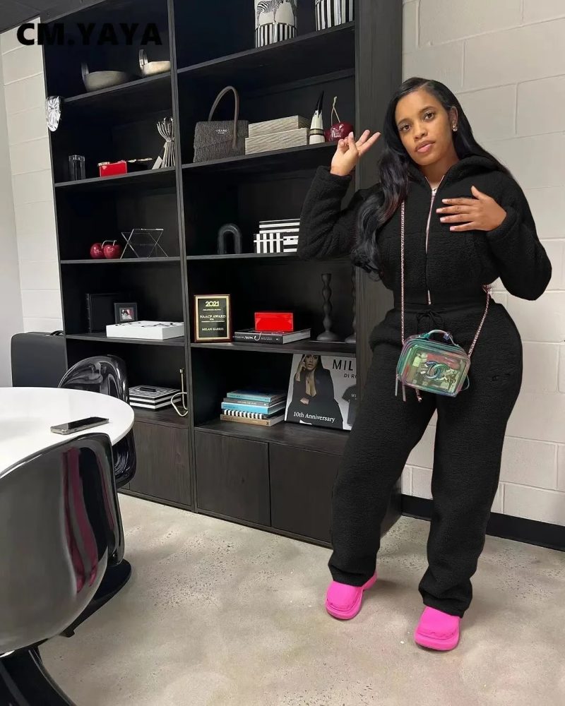CM.YAYA Fashion Fleece Woolly Women's Set Long Sleeve Hooded Sweatshirt and Jogger Pants 2024 Two 2 Piece Sets Outfits Tracksuit - Image 3