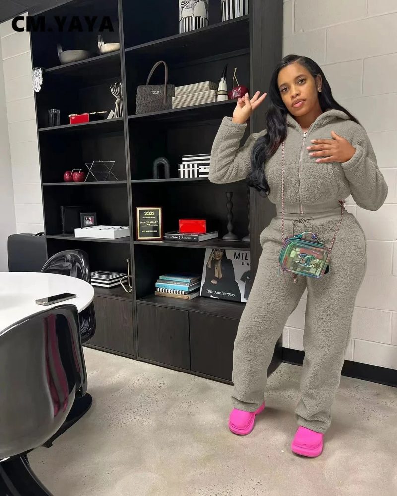 CM.YAYA Fashion Fleece Woolly Women's Set Long Sleeve Hooded Sweatshirt and Jogger Pants 2024 Two 2 Piece Sets Outfits Tracksuit - Image 5