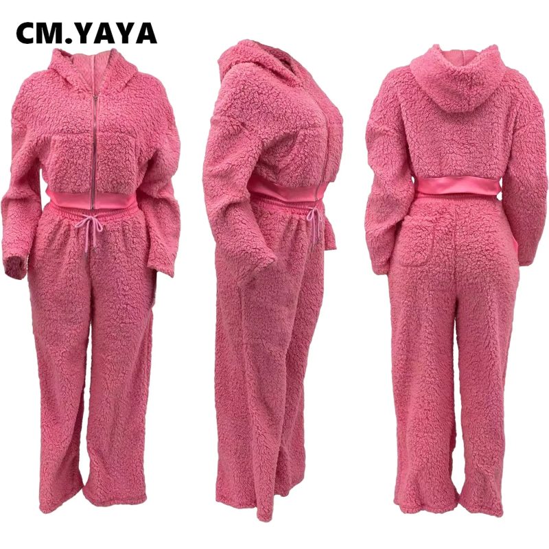 CM.YAYA Fashion Fleece Woolly Women's Set Long Sleeve Hooded Sweatshirt and Jogger Pants 2024 Two 2 Piece Sets Outfits Tracksuit - Image 6